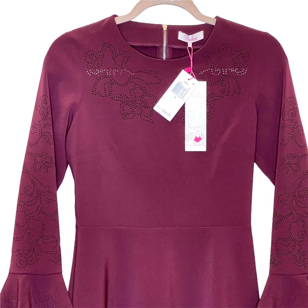 PARKER Orlando Laser Cut Bell Ruffle long Sleeve Dress Raisin Sheath Red 0 New - Picture 4 of 14